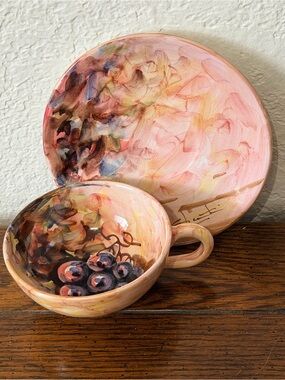 Italian pottery Hand-Painted Ceramic Cup & Saucer Set Fruit Design